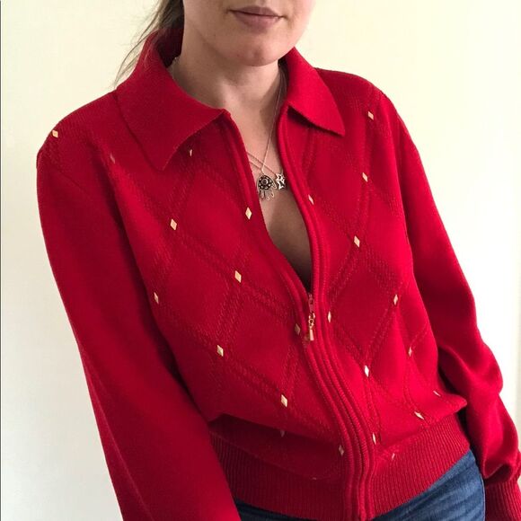 St. John Sport Red Zip Santana Knit Bomber Jacket Sz M Diamond Pattern Boyfriend - Picture 1 of 15